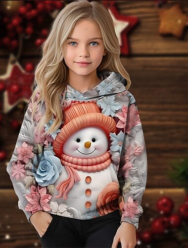  Chica 3D Graphic Muñeco de Nieve Sudadera Manga Larga Otoño Invierno Moda Adorable Básico Niños 4-12 años Con Capucha Exterior Casual Diario Ajuste regular