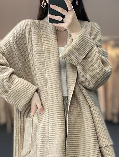  Dames Vest Dagelijks Effen Kleur Open voorzijde Gebreid Lange mouw Lange tops breien Werk Kameel Donkergrijs Herfst Winter