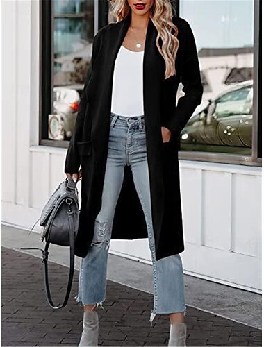  Dames Jas Buiten Straat Alledaagse kleding Herfst Winter Lang jas Normale pasvorm Thermisch Warm Ademend Stijlvol Casual Jacks Lange mouw Effen Met zakken Zwart Wit Groen