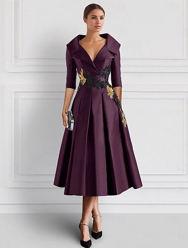  Schwarz Lila Bestickte A-Linie Cocktailkleider Smoking Kleid Mutter der Braut Elegant Formal Knöchellang 3/4 Länge Ärmel Hemdkragen Tasche Satin mit Applikationen 2025