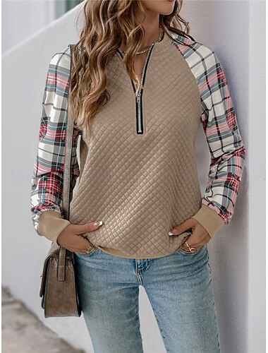  felpa da donna casual scozzese street abbigliamento quotidiano girocollo cerniera stampa manica lunga cachi autunno inverno