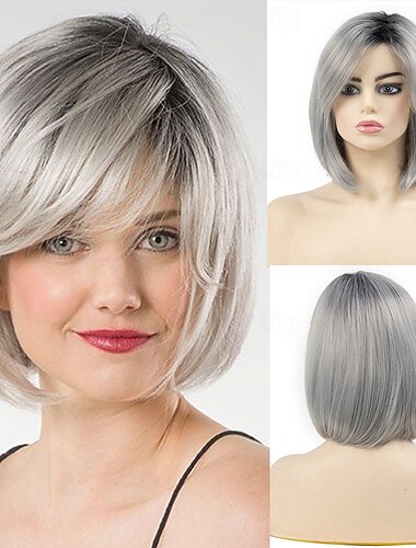  perucas curtas cinza para mulheres peruca bob peruca natural reta parte lateral cabelo para festa diária cosplay