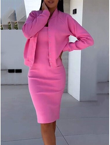  Damen Kleid-Set Casual kleid Rock-Set Brautkleider schlicht Glatt Knopf Midikleid Langarm Gurt Outdoor Täglich Schwarz Fuchsie Grau Herbst Winter Regular Fit