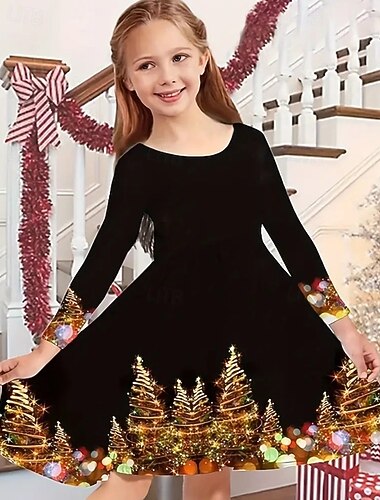  Jul Jenter' 3D Grafisk Juletre Julekjole Kjole Snowflake kjole Langermet Sommer Vår Daglig Ferie Feriereise Prinsesse Vakker Søt Barn 4-12 år Uformell kjole Kjole med A-linje Knelang Polyester Normal