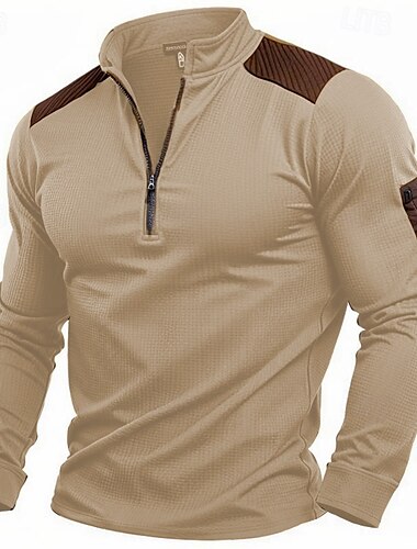  Homens Camiseta Camiseta de malha waffle Camiseta Quarter Zip Manga Longa Colarinho Chinês Quarter Zip Primavera Outono Primavera & Outono Côr Sólida Roupa de Malha Vintage Diário Patchwork Bolsos Ao