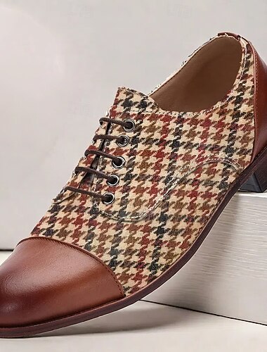  Zapatos oxford de pata de gallo para hombre: patrón de cuadros vintage marrón y rojo, detalles de piel sintética, perfectos para ocasiones formales e informales