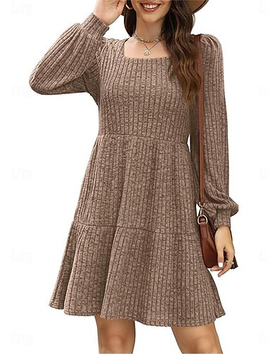  Damen Pullover Kleid Brautkleider schlicht Weich Einfarbig Gerippt Quadratischer Ausschnitt Tasche Strick Langarm Lange Oberteile Stricken Outdoor Täglich Wochenende Braun Grün Herbst Winter