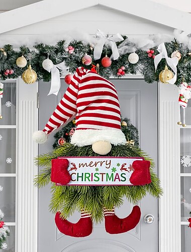  julenissekrans til inngangsdør utendørsdør vinterkransskilt, dekorativ alvehengende ornament for inngangsdør, festlig veggdekor for høytiden, innendørs julekrans