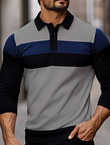  Herren Einfarbig Rugby-Poloshirts Langarm Polo-Shirts Revers Klassisch Mode 3D-Druck Modern Lässig Sport Tasche Herbst Winter Weiß Hellblau Grau