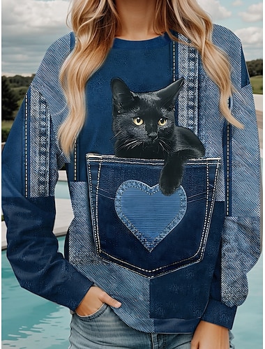  Sudadera de mujer con estampado de gato para uso diario, informal, cuello redondo, manga larga, microelástica, otoño e invierno, cómoda, transpirable, tejido suave