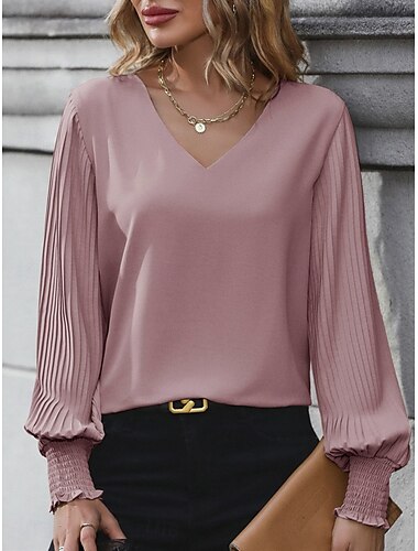  Damen Hemd Bluse Feste Farbe Basic Brautkleider schlicht Langarm V Ausschnitt Normale Oberteile Täglich Rosa Khaki Leicht Blau Herbst Winter
