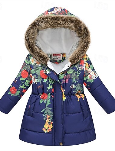  Jente 3D Blomstret Grafisk Jakke Ytterklær Dun Langermet Høst Vinter Gatemote Grunnleggende Barn 4-12 år Feriereise Sport Daglig Normal