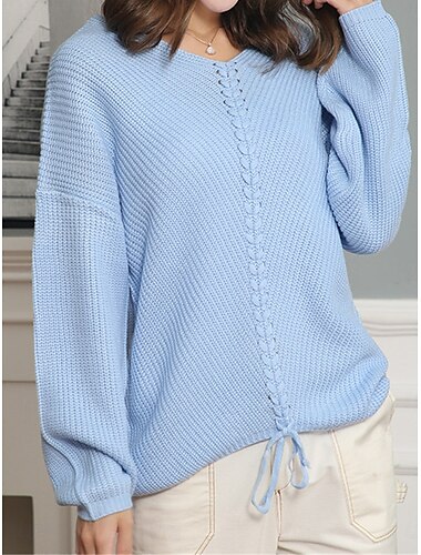  Damen Pullover Brautkleider schlicht Weich Einfarbig Gerippt V Ausschnitt Strick Langarm Normale Oberteile Stricken Outdoor Täglich Wochenende Rosa Blau Herbst Winter