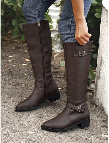  klassische, braune kniehohe Reitstiefel für Damen mit Schnallenriemen – Kunstleder im Reitsportstil für die Freizeit und den Outdoor-Bereich