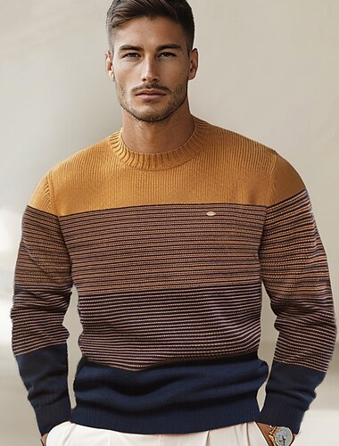  Herr Pullover tröja Sticka Nyans Rund hals Stickat Elegant Jul Utomhus Kläder Höst Vinter Mörkgrön Orange S M L