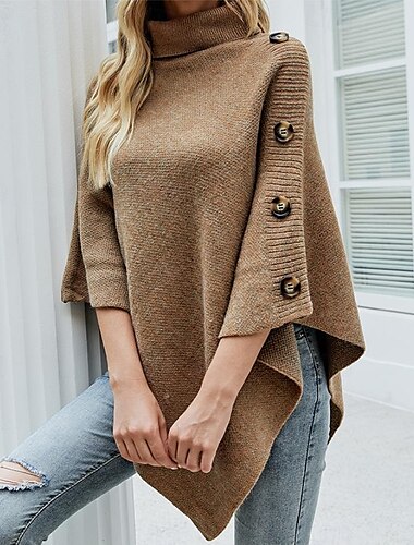  Damen Pullover Brautkleider schlicht Weich Feste Farbe Gerippt Rollkragen Knopf Strick Halbe Ärmel Normale Oberteile Stricken Outdoor Täglich Wochenende Schwarz Rote Herbst Winter