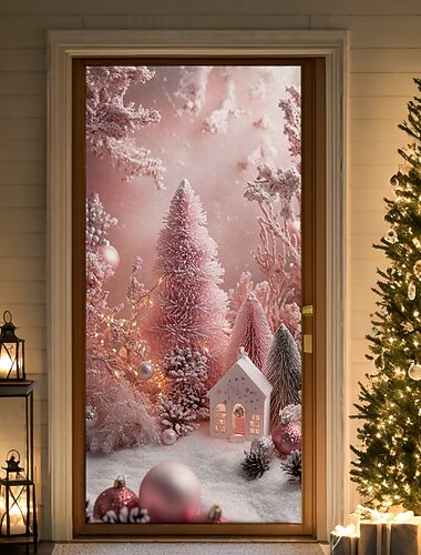  クリスマスのドア飾り、ドアカバー、ピンクのクリスマスオーナメント、ドアタペストリー、ドアカーテン、装飾背景、屋内/屋外用ドアバナー、正面玄関用、農家