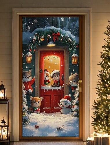  クリスマスドアデコレーション、ドアカバー、クリスマス動物、ドアタペストリー、ドアカーテン、装飾背景、屋内/屋外ドアバナー、正面玄関用、農家
