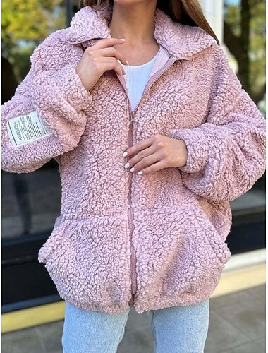  女性用 フリースの上着 テディコート 保温 高通気性 ジッパー ポケット フリースライナー カジュアル 平織り バケーション ストリート デイリーウェア お出かけ ジッパ－ レギュラー スタンド レギュラー 長袖 アウターウェア ホワイト ピンク グレー 秋 冬
