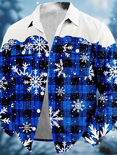  Jul Herre Ruter Snøfnugg Skjorte Kordfløyel skjorte Skjorte jakke Langermet Fashion Casual Gate Hverdag Høst vinter Aftæpning Skjorter med krage Knapp 3D-utskrift 2 lommer 1 stk Gul Rød Blå Grønn