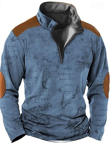  Herren Nautisch Karte Sweatshirts Sweatshirt mit Viertelreißverschluss Langarm Sweatshirt mit Kapuze Viertel Postleitzahl Streetstyle 3D-Druck Jagd Strassenmode Blau Braun Bedruckt Frühling & Herbst