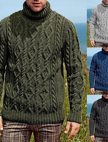  Férfi Pulóver pulóver Kötött pulóver Férfi teknős nyakú jumper Bordázott Kábel Kötött Szokványos Kötött Sima Körgallér Divat Alap Hétköznapi viselet Randi Ruházat Ősz & tél Katonai zöld Sötétkék S M L