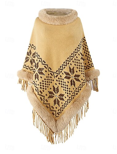  Damen Pullover Schultertuch Brautkleider schlicht Weich Bogengimpe Gerippt Rollkragen Quaste Strick Kunstpelzbesatz 3/4 Ärmel Lange Oberteile Stricken Outdoor Täglich Wochenende Gelb Wein Herbst