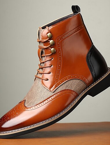  ανδρικά vintage μποτάκια brogue - καφέ και μαύρο ψεύτικο δέρμα με πάνελ τουίντ, κλασικό σχέδιο με κορδόνια για επίσημες και casual περιστάσεις, μπότες σε στυλ ρετρό