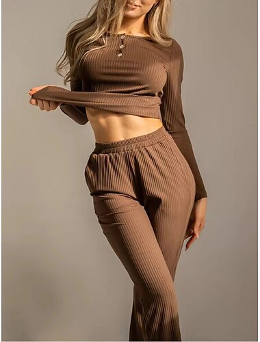  Pyjama-Set für Damen in reinen Farben, lässig, bequem, für zu Hause, täglich, Polyester, bequem, warm, Rundhalsausschnitt, langärmelig, T-Shirt, Hose, Knopfleiste, elastische Taille,