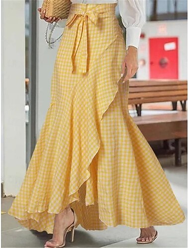  Falda de mujer trompeta/sirena faldas largas volantes cuadros calle diario invierno moda casual negro amarillo azul marino