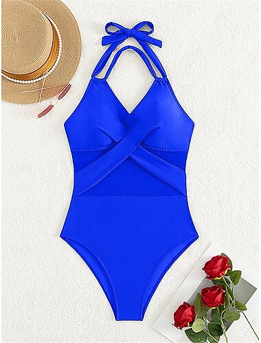  Damen Badeanzug Ein Stück Monokini Bademode Gitter Rückenfrei Bauchkontrolle Hohe Taillenlinie Schlank Urlaub Strandbekleidung Feste Farbe Halfterhals Ärmellos Badeanzüge