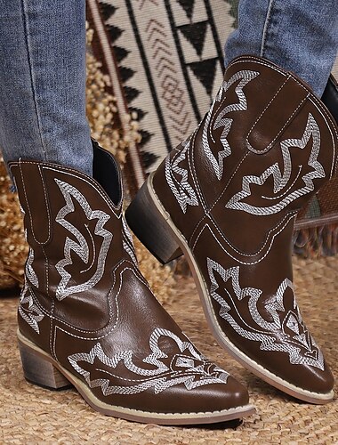  Damen Stiefel Cowboy Westernstiefel Outdoor Urlaub Täglich Stiefeletten Stiefeletten Stickerei Flacher Absatz Runde Zehe Böhmen Urlaub Vintage Kunstleder Gummiband Schwarz Rot Grün