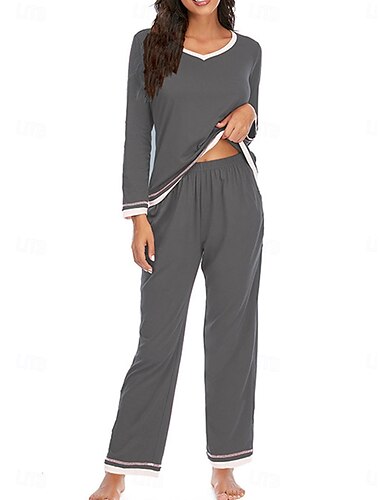  Pyjama-Set für Damen in reinen Farben, lässig, bequem, für zu Hause, für den Alltag, Baumwolle, bequem, warm, Rundhalsausschnitt, langärmelig, T-Shirt, Hose, elastische Taille,