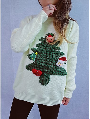  Hässlicher Pullover für Damen, Rundhalsausschnitt, Rippstrick, gestrickt, Herbst/Winter, Outdoor, lässig, weich, langärmelig, Baum, Schwarz/Rot