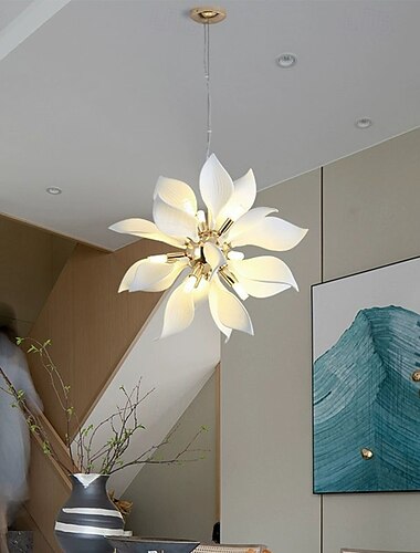  Lámpara colgante de cerámica con diseño de linterna y pétalos de 9 luces, diseño de metal, cerámica galvanizada, moderna, 110-240 V, 45 cm