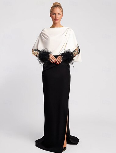  schwarzes Kleid Meerjungfrau Abendkleid elegantes Kleid formelle Schleppe / Pinselschleppe Langarm Illusionshals Champagner Kleid für die Mutter der Braut Stretch-Krepp mit Federn 2025