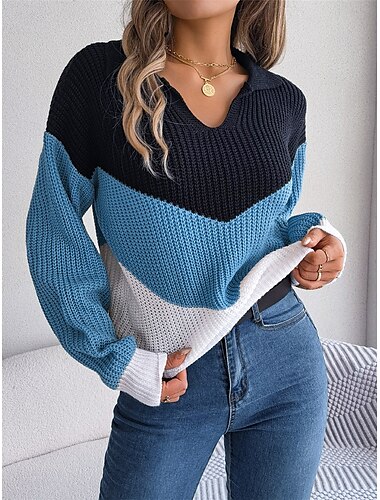  Damen Pullover Brautkleider schlicht Weich Farbblock Gerippt V Ausschnitt Strick Langarm Normale Oberteile Stricken Outdoor Täglich Wochenende Blau Khaki Herbst Winter
