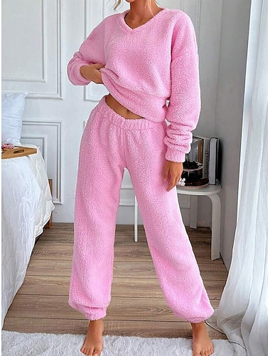  dames pyjama set 2 stuks print comfort home daily comfort warm v hals lange mouw pullover broek lente herfst thuis outfits