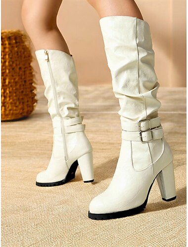  Burgunderrote kniehohe Stiefel mit hohem Absatz und Schnallenriemen für Damen – schickes und elegantes Schuhwerk für den Winter und Partyanlässe