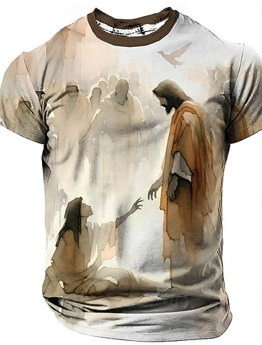  T-shirt chrétien Bible foi pour hommes T-shirt à manches courtes impression 3D col rond style rétro vintage décontracté style de rue sports extérieur vacances beige printemps et été