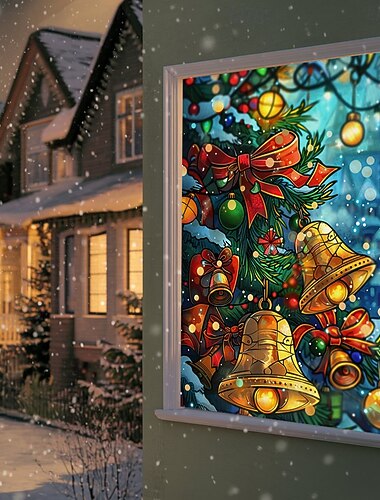  julevindusdekorasjoner, stoffmalt glass jingle bells gardin filmplakat vindusdørdekkende dekor for julehus, vindusklistrede dekaler innendørs utendørs