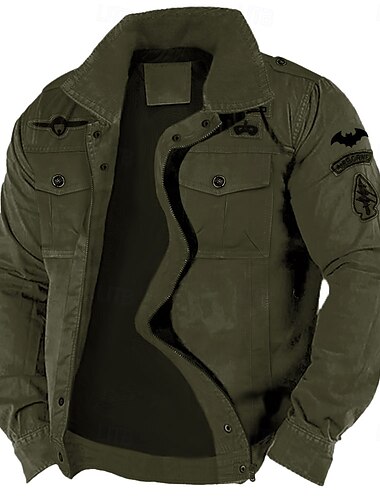  Herren-Militärjacke aus Baumwolle mit Stickerei, Cargo-Jacke mit Schulterriemen, langärmelig, Stehkragen, mehrere Taschen, Mantel, Trucker-Jacke, taktische Oberbekleidung