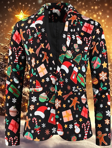  menns jule blazer jakke trykk blazer lang standard passform enkeltspent enknapps svart 2024