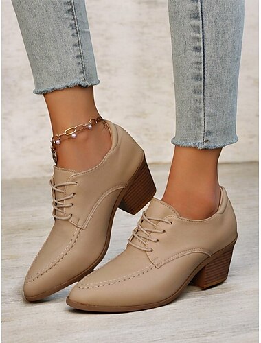  Schwarze Oxford-Schnürschuhe aus Kunstleder für Damen mit Blockabsatz – stilvolle Freizeitschuhe für den Alltag und das Büro