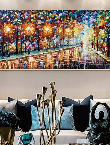  Pintura de paisaje callejero pintada a mano, pintura abstracta de día y noche con espátula, arte de pared, arte de pared extragrande, lienzo abstracto texturizado, pintura al óleo, amantes de la calle