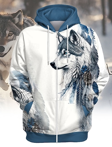  Herren Wolf Kapuzensweatshirt Kapuzenshirts Pullover Mode Cool Täglich Langarm Mit Kapuze Urlaub Fitnessstudio Blau Kordelzug Herbst Winter Designer S M L XL XXL XXXL