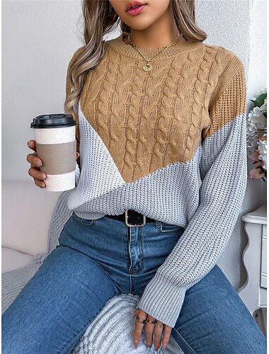  Damen Pullover Brautkleider schlicht Weich Farbblock Gerippt Rundhalsausschnitt Patchwork Strick Langarm Normale Oberteile Stricken Outdoor Täglich Wochenende Schwarz Rosa Herbst Winter