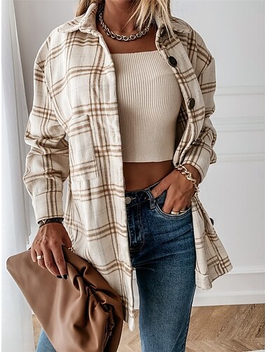  Damen Freizeitjacke Outdoor Strasse Freizeitskleidung Herbst Winter Standard Mantel Regular Fit warm Atmungsaktiv Stilvoll Brautkleider schlicht Jacken Langarm Streifen und Plaid Mit Taschen Bedruckt