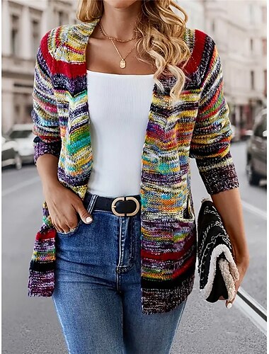 Per donna Felpa Cardigan Vintage Informale Morbido Arcobaleno A coste Apertura anteriore Lavorato a maglia Manica lunga Top regolari Maglia Esterno Giornaliero Fine settimana Arcobaleno Autunno
