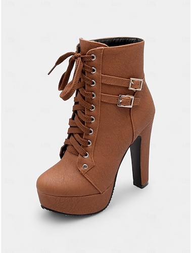  dames bruine veterschoenen met stilettohak, platform en gespdetail - modieuze laarzen met hoge hak voor avond- en feestkleding